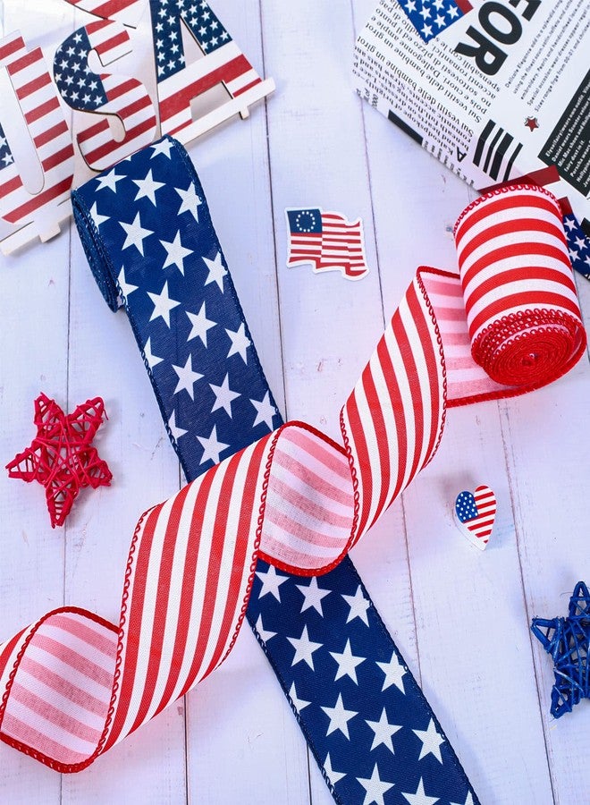 Whaline Patriotic Wired Edge Ribbon 2 Rolls Stars Stripes Craft Ribbon 4th of July USA Flag Fabric Ribbon for Independence Day Memorial Day Wreath Bow Making DIY Crafts Wrapping Supplies - Image 5